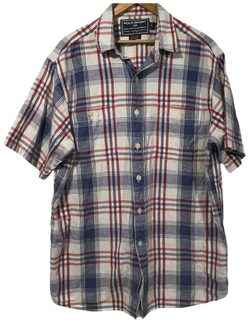 Vtg Polo Sport Ralph Lauren Mens Linen Blend Button Up Shirt Red Blue Plaid Sz L